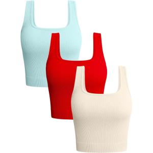 imageOQQ Womens 3 Piece Tank Tops Ribbed Seamless Workout Exercise Shirts 2025 Summer Basic CamisRed beige sea Salt Blue