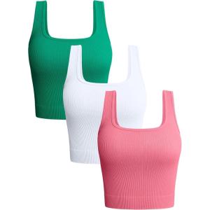 imageOQQ Womens 3 Piece Tank Tops Ribbed Seamless Workout Exercise Shirts 2025 Summer Basic CamisWhite green dry Rose