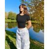imageOQQ Womens 2 Piece Shirts Short Sleeve Crew Neck Ruched Stretch Fitted Tee Shirts Crop TopsBlack beige