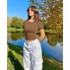 imageOQQ Womens 2 Piece Shirts Short Sleeve Crew Neck Ruched Stretch Fitted Tee Shirts Crop TopsBlack coffee