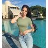 imageOQQ Womens 2 Piece Shirts Short Sleeve Crew Neck Ruched Stretch Fitted Tee Shirts Crop TopsBlack jade Green