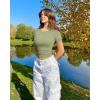 imageOQQ Womens 2 Piece Shirts Short Sleeve Crew Neck Ruched Stretch Fitted Tee Shirts Crop TopsBlack jade Green