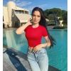 imageOQQ Womens 2 Piece Shirts Short Sleeve Crew Neck Ruched Stretch Fitted Tee Shirts Crop TopsBlack red