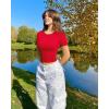 imageOQQ Womens 2 Piece Shirts Short Sleeve Crew Neck Ruched Stretch Fitted Tee Shirts Crop TopsBlack red