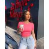 imageOQQ Womens 2 Piece Shirts Short Sleeve Crew Neck Ruched Stretch Fitted Tee Shirts Crop TopsFluorescent Pink white