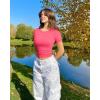 imageOQQ Womens 2 Piece Shirts Short Sleeve Crew Neck Ruched Stretch Fitted Tee Shirts Crop TopsFluorescent Pink white