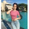 imageOQQ Womens 2 Piece Shirts Short Sleeve Crew Neck Ruched Stretch Fitted Tee Shirts Crop TopsGreen dry Rose