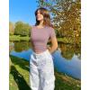 imageOQQ Womens 2 Piece Shirts Short Sleeve Crew Neck Ruched Stretch Fitted Tee Shirts Crop TopsHide Pink white