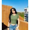 imageOQQ Womens 2 Piece Shirts Short Sleeve Crew Neck Ruched Stretch Fitted Tee Shirts Crop TopsPea Green beige