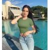 imageOQQ Womens 2 Piece Shirts Short Sleeve Crew Neck Ruched Stretch Fitted Tee Shirts Crop TopsPea Green beige