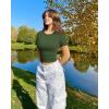 imageOQQ Womens 2 Piece Shirts Short Sleeve Crew Neck Ruched Stretch Fitted Tee Shirts Crop TopsWhite armygreen