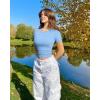 imageOQQ Womens 2 Piece Shirts Short Sleeve Crew Neck Ruched Stretch Fitted Tee Shirts Crop TopsWhite candyblue