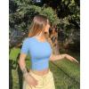 imageOQQ Womens 2 Piece Shirts Short Sleeve Crew Neck Ruched Stretch Fitted Tee Shirts Crop TopsWhite candyblue