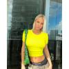 imageOQQ Womens 2 Piece Shirts Short Sleeve Crew Neck Ruched Stretch Fitted Tee Shirts Crop TopsWhite yellow