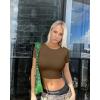 imageOQQ Womens 3 Piece Crop Tops Crew Neck Shorts Sleeve Stretch Fitted Shirts Crop TopsBlack coffee beige