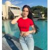 imageOQQ Womens 3 Piece Crop Tops Crew Neck Shorts Sleeve Stretch Fitted Shirts Crop TopsBlack red beige