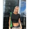 imageOQQ Womens 3 Piece Crop Tops Crew Neck Shorts Sleeve Stretch Fitted Shirts Crop TopsBlack rose white