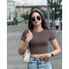 imageOQQ Womens 3 Piece Crop Tops Crew Neck Shorts Sleeve Stretch Fitted Shirts Crop TopsBlack tea Leaf beige
