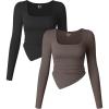 imageOQQ Womens 2 Piece Shirts Long Sleeve Square Neck Ruched Stretch Irregular Fitted Tee Shirts Tops Black Tea Leaf