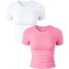 imageOQQ Womens 2 Piece Shirts Short Sleeve Crew Neck Ruched Stretch Fitted Tee Shirts Crop TopsWhite candypink