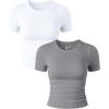 imageOQQ Womens 2 Piece Shirts Short Sleeve Crew Neck Ruched Stretch Fitted Tee Shirts Crop TopsWhite smoke Grey