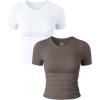 imageOQQ Womens 2 Piece Shirts Short Sleeve Crew Neck Ruched Stretch Fitted Tee Shirts Crop TopsWhite tea Leaf
