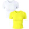 imageOQQ Womens 2 Piece Shirts Short Sleeve Crew Neck Ruched Stretch Fitted Tee Shirts Crop TopsWhite yellow