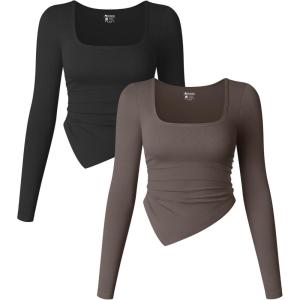 imageOQQ Womens 2 Piece Shirts Long Sleeve Square Neck Ruched Stretch Irregular Fitted Tee Shirts Tops Black Tea Leaf