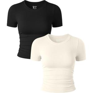 imageOQQ Womens 2 Piece Shirts Short Sleeve Crew Neck Ruched Stretch Fitted Tee Shirts Crop TopsBlack beige