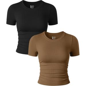 imageOQQ Womens 2 Piece Shirts Short Sleeve Crew Neck Ruched Stretch Fitted Tee Shirts Crop TopsBlack coffee