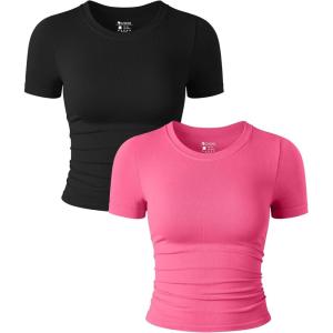 imageOQQ Womens 2 Piece Shirts Short Sleeve Crew Neck Ruched Stretch Fitted Tee Shirts Crop TopsBlack coral