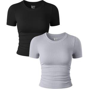 imageOQQ Womens 2 Piece Shirts Short Sleeve Crew Neck Ruched Stretch Fitted Tee Shirts Crop TopsBlack grey