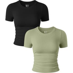 imageOQQ Womens 2 Piece Shirts Short Sleeve Crew Neck Ruched Stretch Fitted Tee Shirts Crop TopsBlack jade Green
