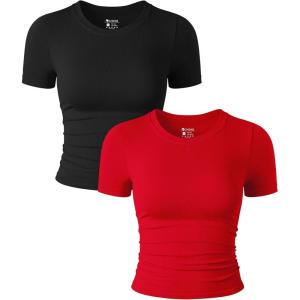 imageOQQ Womens 2 Piece Shirts Short Sleeve Crew Neck Ruched Stretch Fitted Tee Shirts Crop TopsBlack red