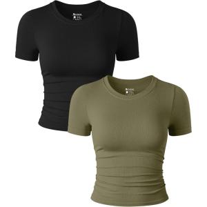 imageOQQ Womens 2 Piece Shirts Short Sleeve Crew Neck Ruched Stretch Fitted Tee Shirts Crop TopsBlack sauerkraut