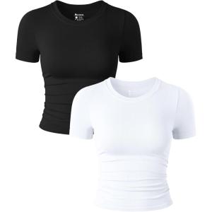 imageOQQ Womens 2 Piece Shirts Short Sleeve Crew Neck Ruched Stretch Fitted Tee Shirts Crop TopsBlack white