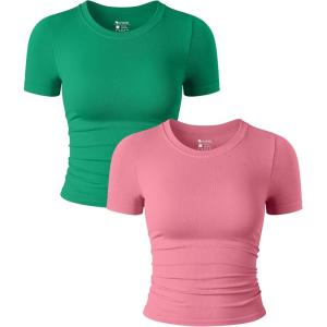 imageOQQ Womens 2 Piece Shirts Short Sleeve Crew Neck Ruched Stretch Fitted Tee Shirts Crop TopsGreen dry Rose