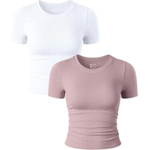 imageOQQ Womens 2 Piece Shirts Short Sleeve Crew Neck Ruched Stretch Fitted Tee Shirts Crop TopsHide Pink white