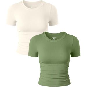imageOQQ Womens 2 Piece Shirts Short Sleeve Crew Neck Ruched Stretch Fitted Tee Shirts Crop TopsPea Green beige