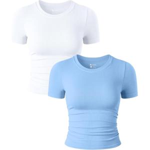 imageOQQ Womens 2 Piece Shirts Short Sleeve Crew Neck Ruched Stretch Fitted Tee Shirts Crop TopsWhite candyblue