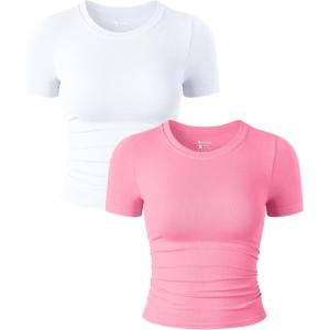 imageOQQ Womens 2 Piece Shirts Short Sleeve Crew Neck Ruched Stretch Fitted Tee Shirts Crop TopsWhite candypink