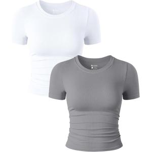 imageOQQ Womens 2 Piece Shirts Short Sleeve Crew Neck Ruched Stretch Fitted Tee Shirts Crop TopsWhite smoke Grey