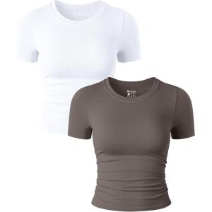 imageOQQ Womens 2 Piece Shirts Short Sleeve Crew Neck Ruched Stretch Fitted Tee Shirts Crop TopsWhite tea Leaf
