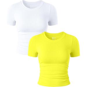 imageOQQ Womens 2 Piece Shirts Short Sleeve Crew Neck Ruched Stretch Fitted Tee Shirts Crop TopsWhite yellow