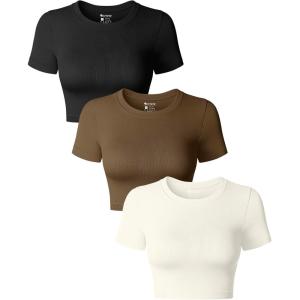 imageOQQ Womens 3 Piece Crop Tops Crew Neck Shorts Sleeve Stretch Fitted Shirts Crop TopsBlack coffee beige