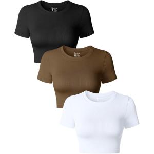 imageOQQ Womens 3 Piece Crop Tops Crew Neck Shorts Sleeve Stretch Fitted Shirts Crop TopsBlack coffee white
