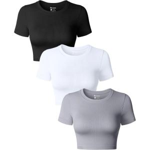 imageOQQ Womens 3 Piece Crop Tops Crew Neck Shorts Sleeve Stretch Fitted Shirts Crop TopsBlack grey white