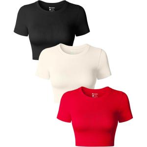 imageOQQ Womens 3 Piece Crop Tops Crew Neck Shorts Sleeve Stretch Fitted Shirts Crop TopsBlack red beige