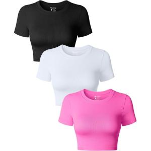imageOQQ Womens 3 Piece Crop Tops Crew Neck Shorts Sleeve Stretch Fitted Shirts Crop TopsBlack rose white