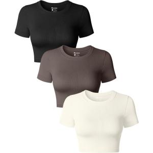 imageOQQ Womens 3 Piece Crop Tops Crew Neck Shorts Sleeve Stretch Fitted Shirts Crop TopsBlack tea Leaf beige